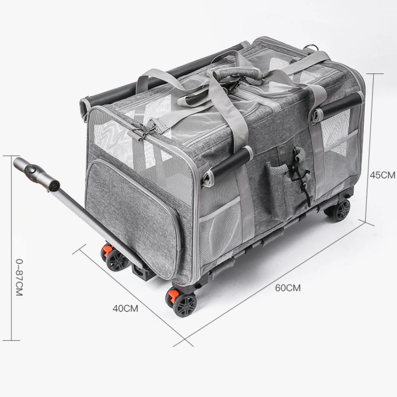Breathable Double Layer Pet Rolling Luggage Dual Isolation Compartment Large Capacity Foldable Pet Trolley Carrier For Two Pets