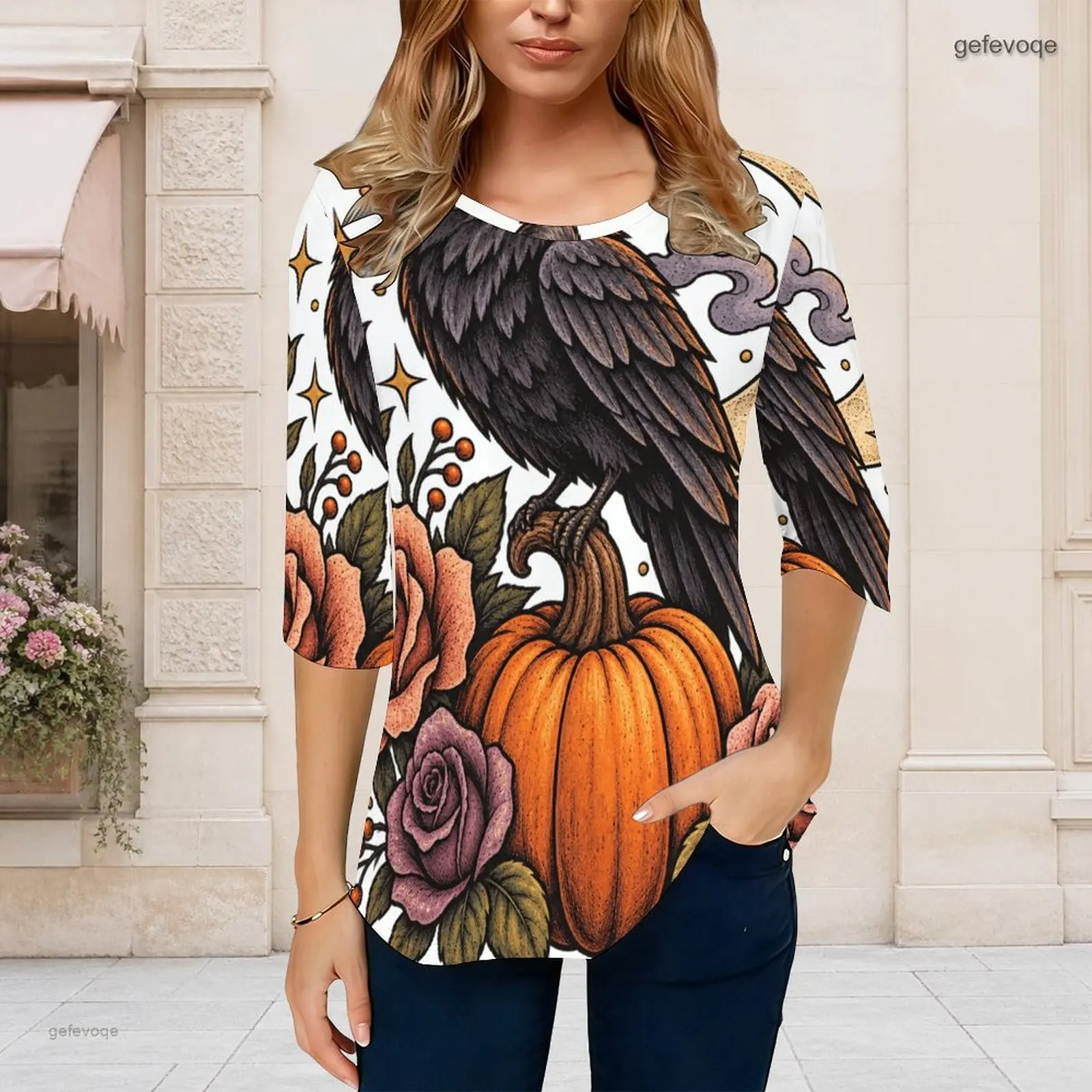 Women Round Neck 3/4 Sleeve Printed Highland Cow Pumpkin Floral Curved Hem Top