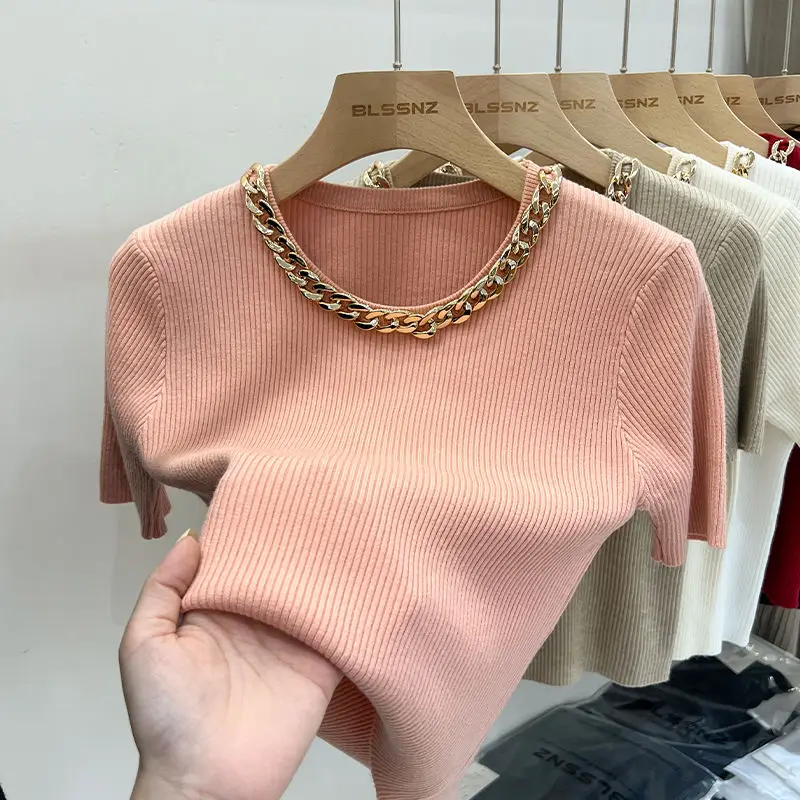 Shirts for Women High End Short Sleeve Knitted T-Shirt 2024 Summer French Office Lady Style Tops Femme Chic Chain Neck Tees