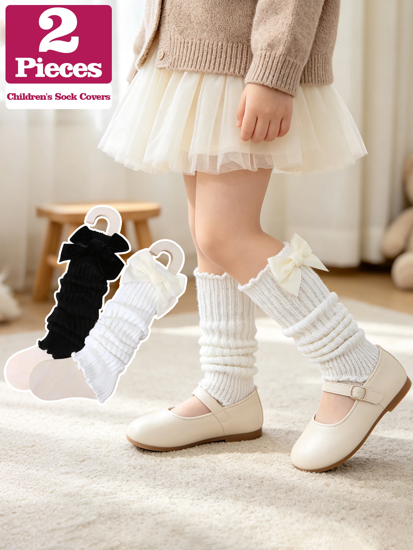 2Pairs Sweet Bow Decor Girls Leg Warmers 3‑8Y Solid Knit Slouch Socks All‑Season Kids Leg Cuffs For Daily Casual Dress Matching