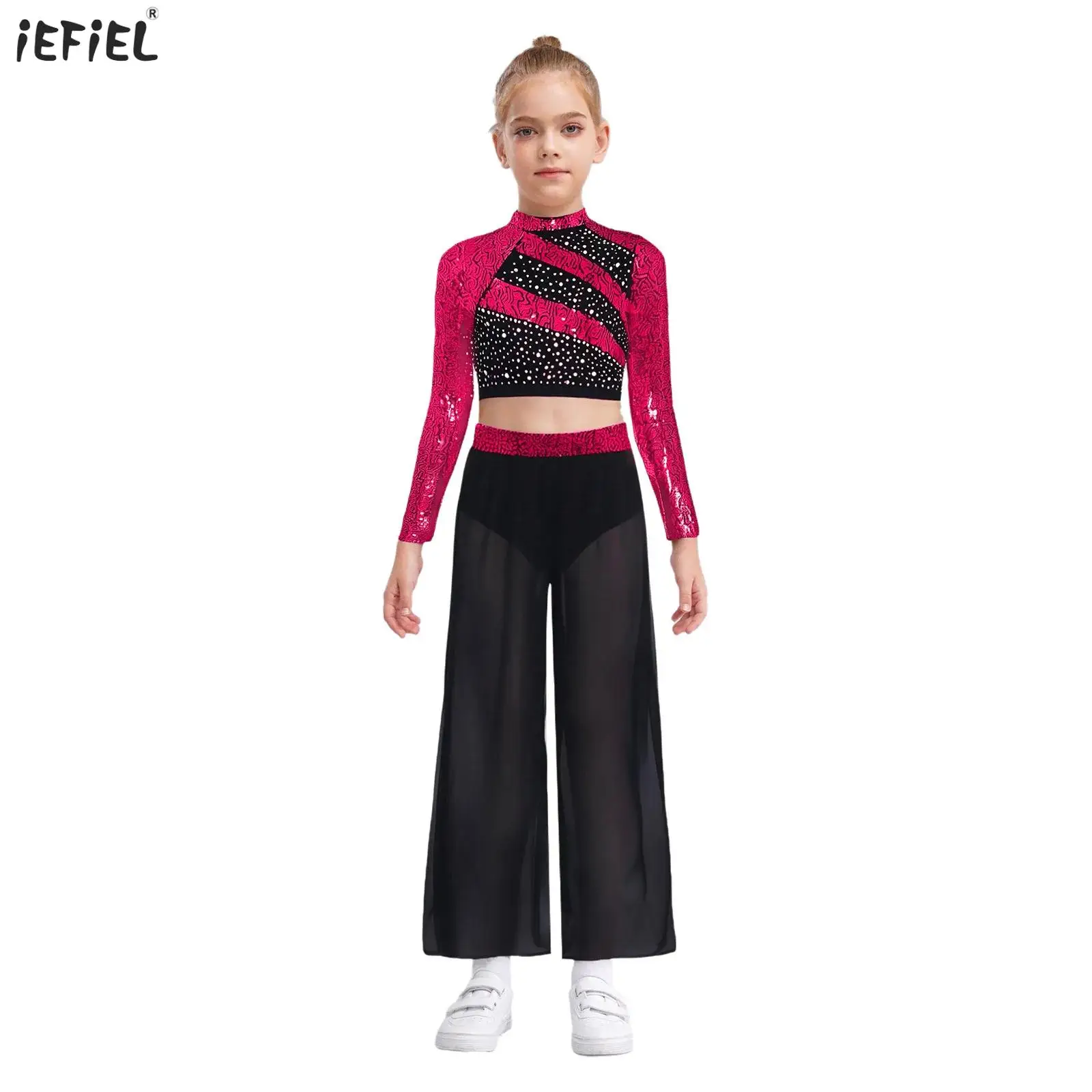 

Kids Girls Jazz Dance Outfit Mock Neck Long Sleeved Sequins Crop Top+Side Slit Wide-leg Pants Latin Tango Modern Dance Costumes