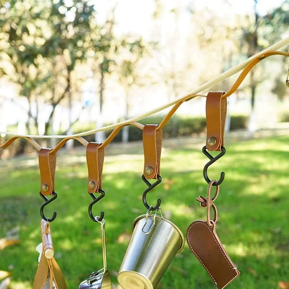 S-Shaped Leather Hanging Hooks Triangle Storage Rack Shelf Hook Keychain Portable Outdoor Camping Hiking Hanger Camping Supplies