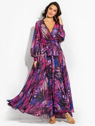 Women's 2024 Autumn New Lantern Sleeves Sexy Deep V Fashion Printed Dress Green Leaf Strap Waist Ankle Long Dress