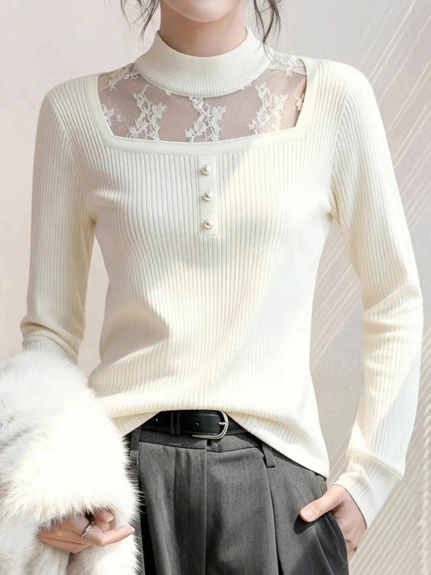 Miękki, wygodny sweter z dzianiny, długi rękaw, koronkowe wstawki, modny zimowy top, koreański styl, prosty krój, odzież wewnętrzna.