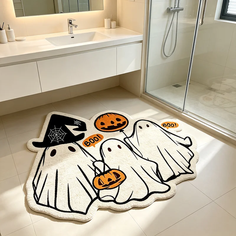 VIKAMA Halloween Cute Ghost Pumpkin Shaped Carpet Anti Slip Soft Floor Mat Bathroom Bedroom Vacation Party Home Decoration