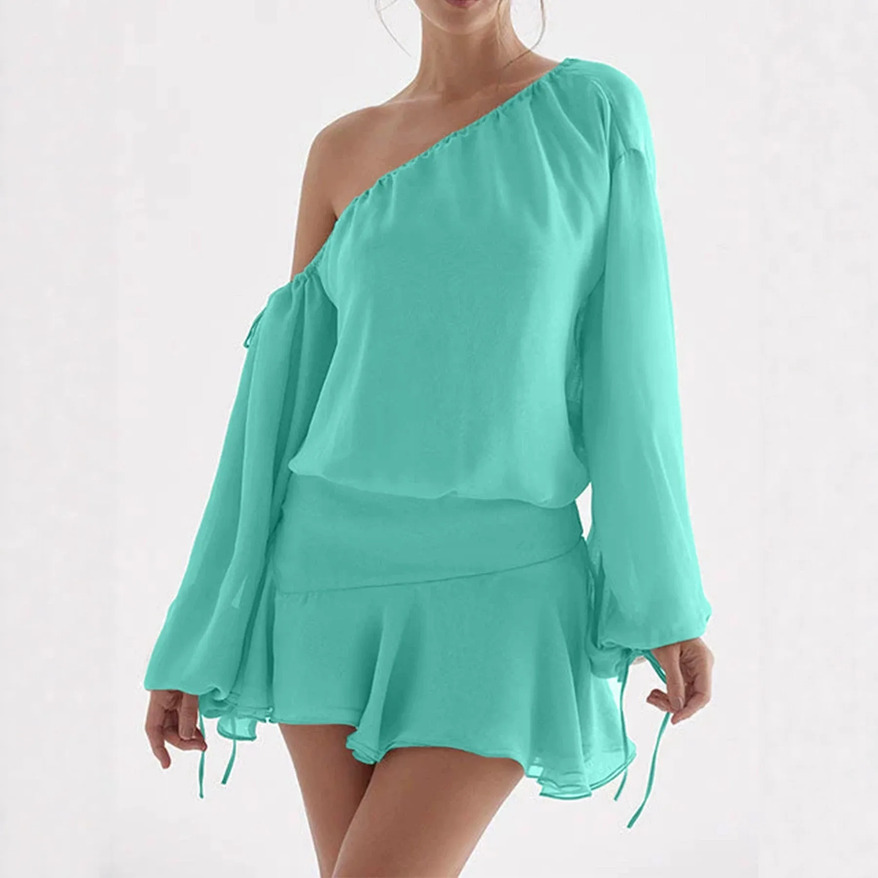 Two-piece Set Dress Chiffon Off Shoulder Long Sleeve Dresses High Waist Skirt Ruffle Hem Maxi Dress One Shoulder Top Tie Detail
