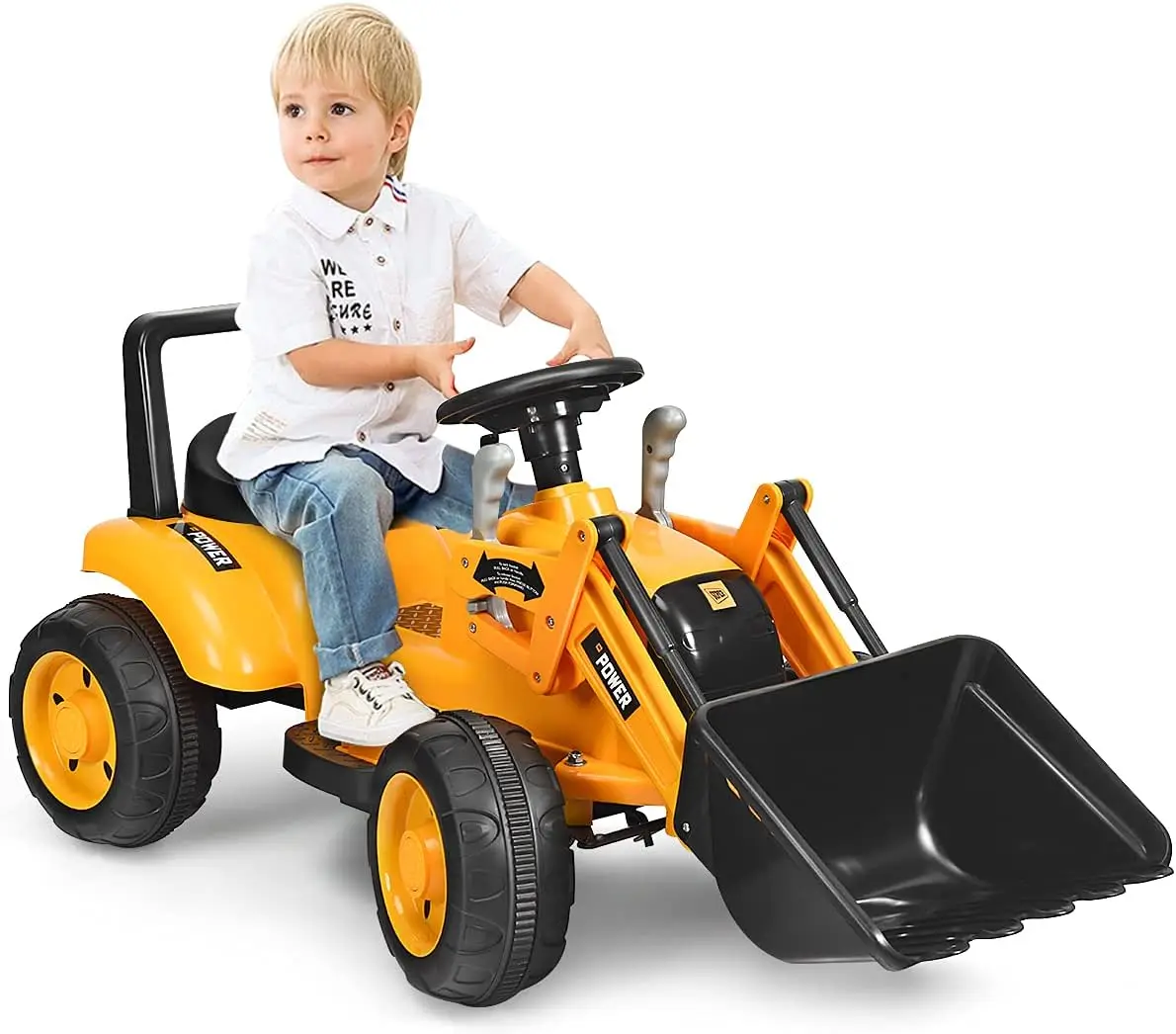 Passeio em carro, brinquedo de escavadeira com carregadeira frontal, buzina, frente/traseira, balde de escavação controlável, escavadeira, elétrico alimentado por bateria de 6V