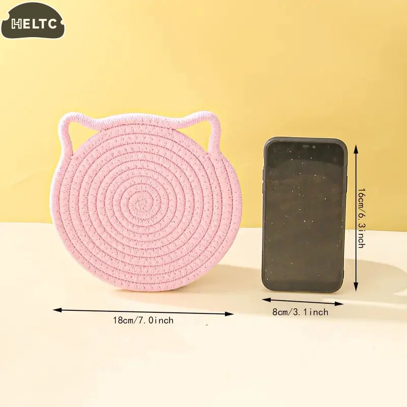 1pc Cotton Rope Woven Insulation Pad Design Dining Table Tray Mat Insulation Pad Cartoon Cat Ear Shaped Solid Color Dining Table