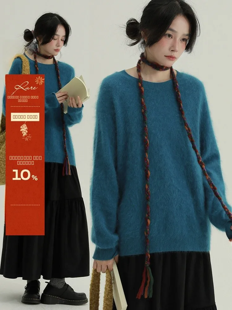 

Rare "Oil Painting Autumn Le" Sl Fuzzy round Ne Knitwear Simple Artistic Retro Sle Women's Sweater Warm Autumn Wi...