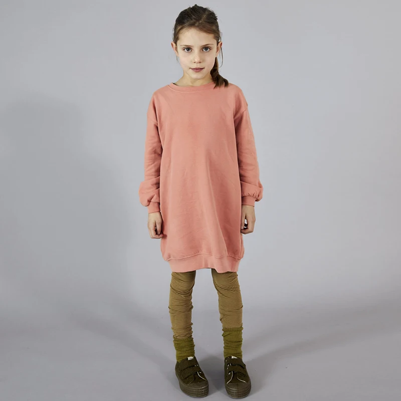 Winter New Girls Organic Cotton Dress Children\'s Crew Neck Long Sleeves Warm And Comfy Straight Dresses With Pockets TZ341