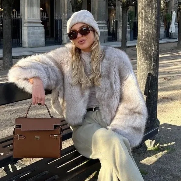 Autumn Winter ort Women's Casual Street Sle  Fur Coat round Ne Top Bright Surface Cotton 00% Fabric Long Sve