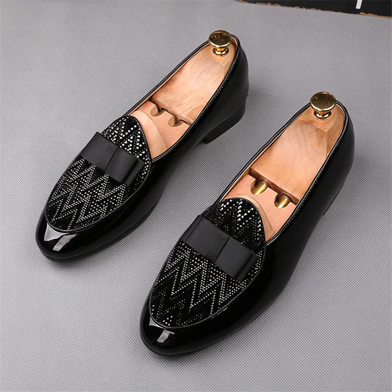 Men's Black Patchwork Loafers Slip-On Dress Shoes