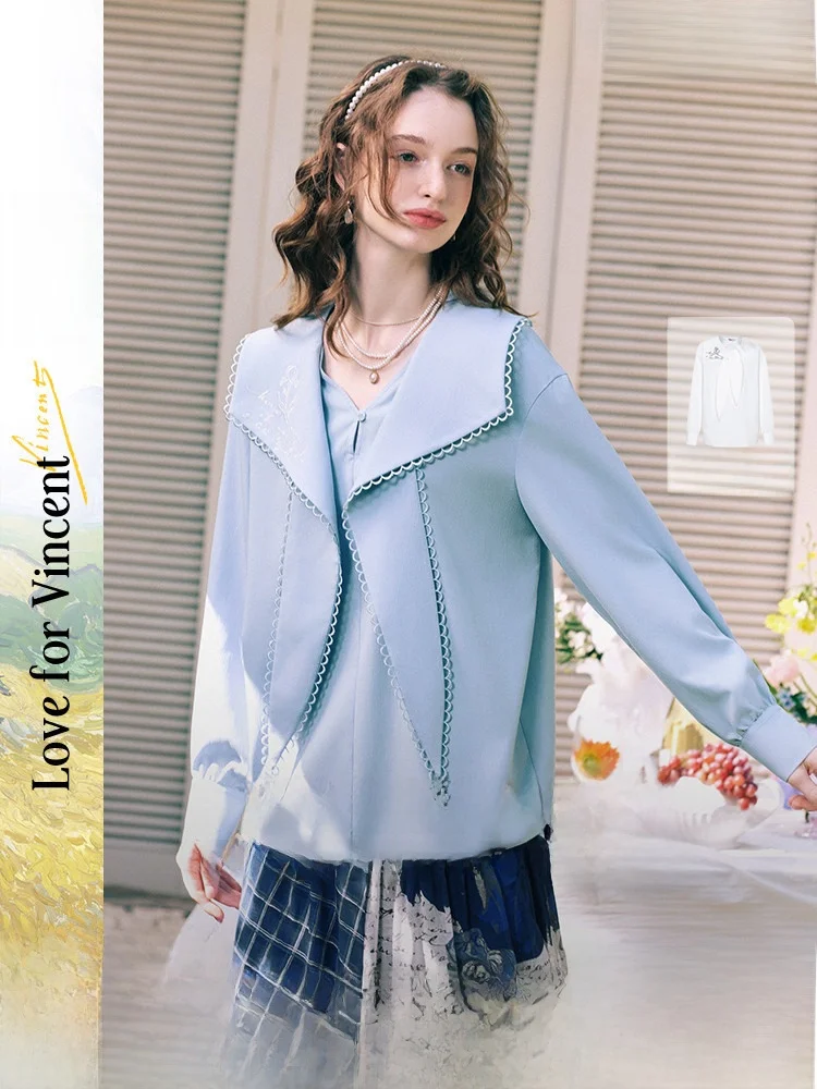 

Casual Embroidered Naval Collar irt Women's Loose Fit Long Sve Polyester Fiber Spring 2026 New Sle Art Commute Series