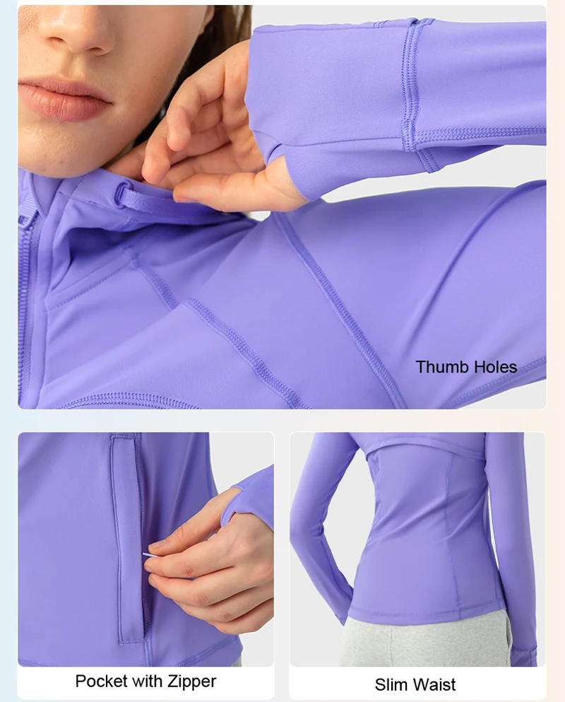 Women Sport Jacket with Thumb Holes Mesh Back Zipper Pockets Pull String Hooded Double Brushed Slim Yoga Running Daily Coats