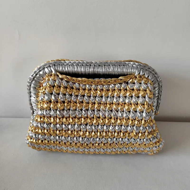 Fashion Crossbody Bag Clip Bag New Hand Woven Gold Silver Contrasting Splicing Handbag