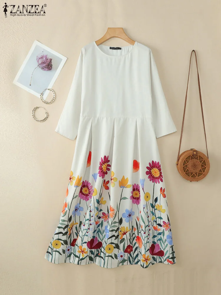 ZANZEA décontracté imprimé fleuri Robes Femme femmes plis inversés mode d'été Maxi Robes tenue de jour 3/4 manches col rond Robes