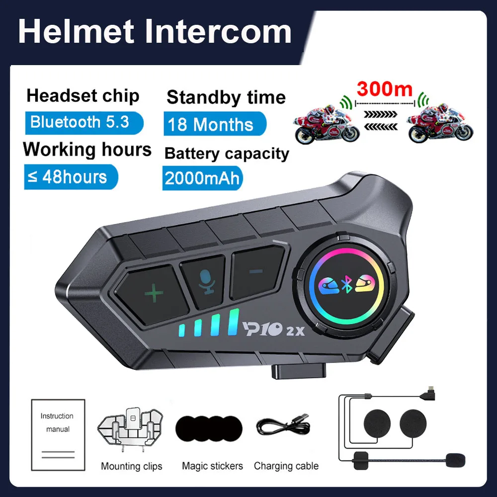 2000mah Motorcycle Intercom Helmet Headset Wireless Communicator Interphone Waterproof Bluetooth Earphone Handsfree Call 300m