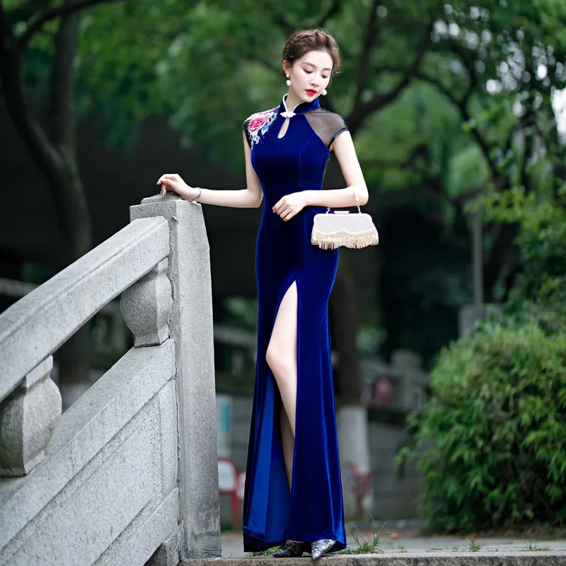 Sexy New Brocade Satin Long Fork Cheongsam Chinese Classic Women\'s Qipao Elegant Short Sleeve Novelty Wedding Evening Dress 5XL