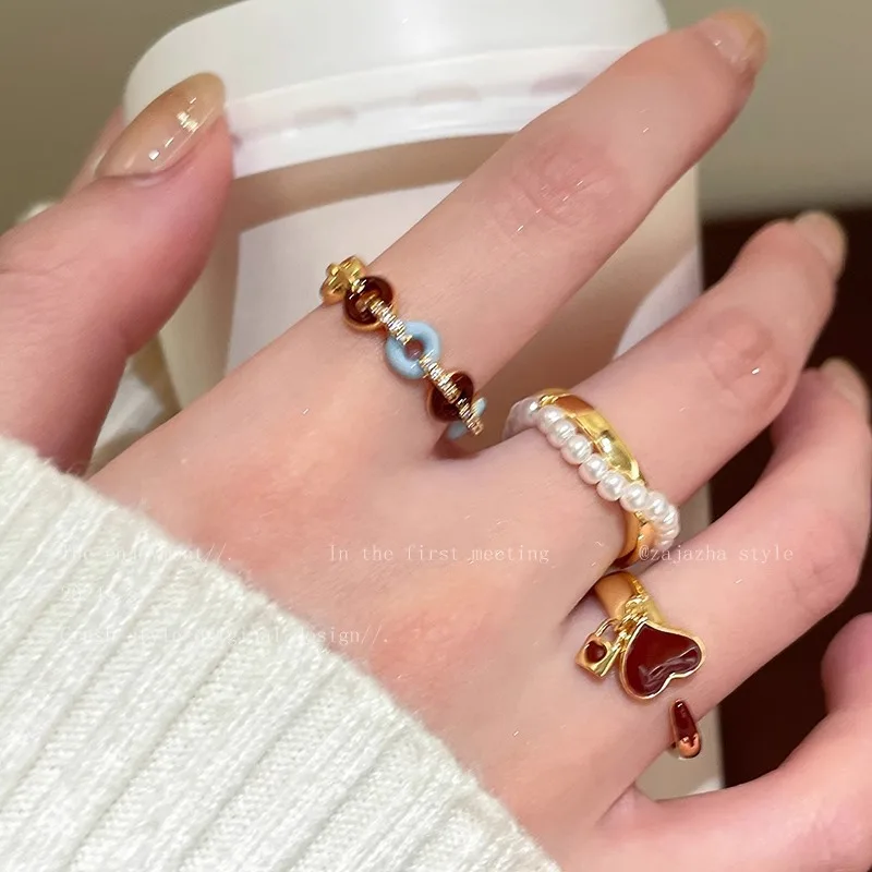 Ring Wine Red Enamel Pearl Adjustable Open Gold Tone Alloy Premium Elegant Versatile Charming Jewelry for Women Casual