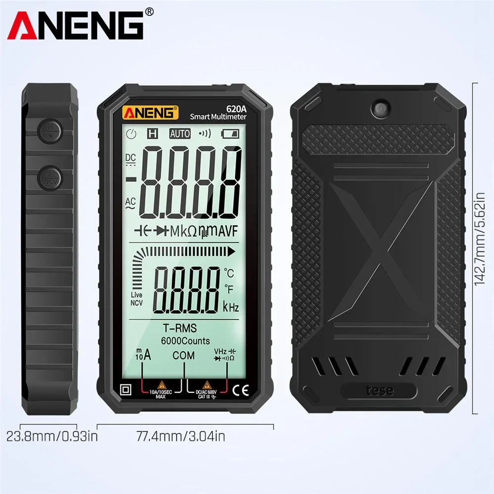 ANENG 620A Digital Multimeter AC/DC Ultraportable LCD Display True-RMS Multimeter Auto-Ranging with Amp Volt Ohm Multi Tester