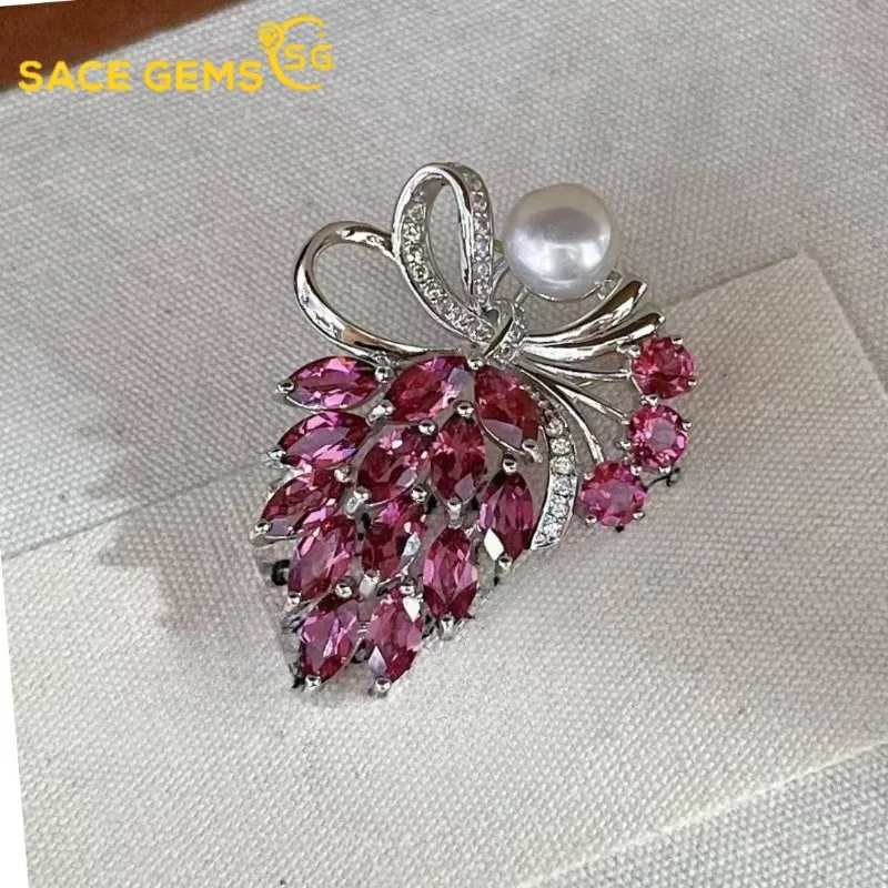 SACE GEMS New 925 Sterling Silver 3*6MM Natural Garnet Gemstone Brooch for Women Engagement Cocktail Party Fine Jewelry Gift