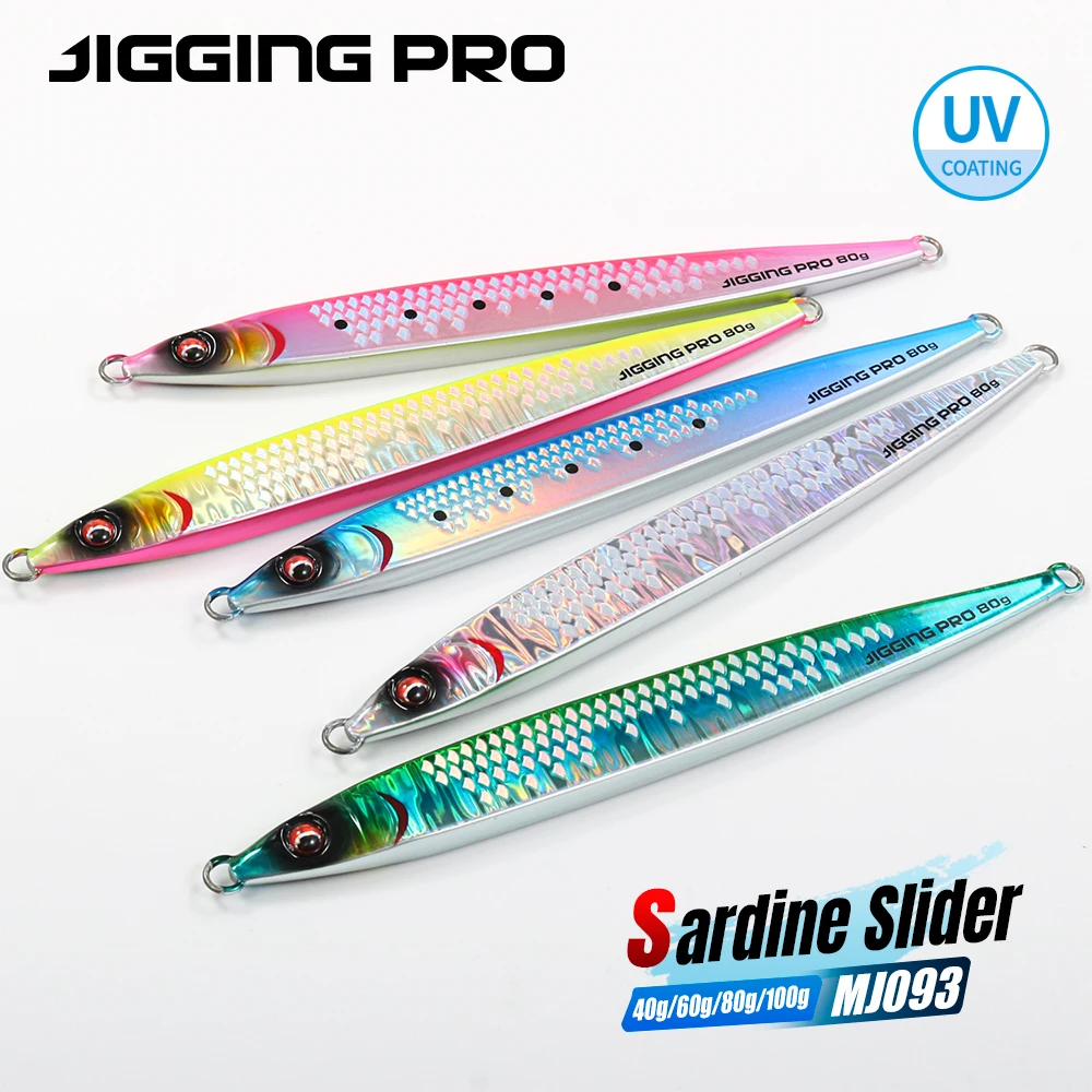 JIGGING PRO Sardine Slider Jigging Lure UV Shore Long Cast Metal Jig 40g 60g 80g 100g Saltwater Fishing Lure Artificial Bait