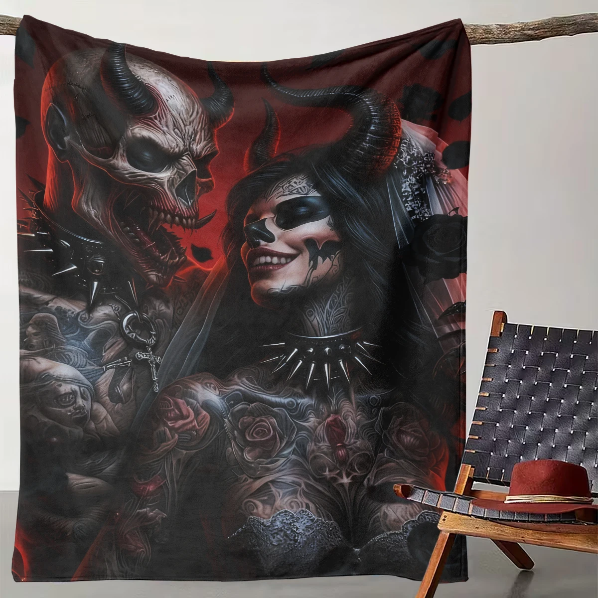 

1 Piece of Dark Goth Devil Wedding Blanket Punk Personality Tattoo Element Flannel Throw Blanket