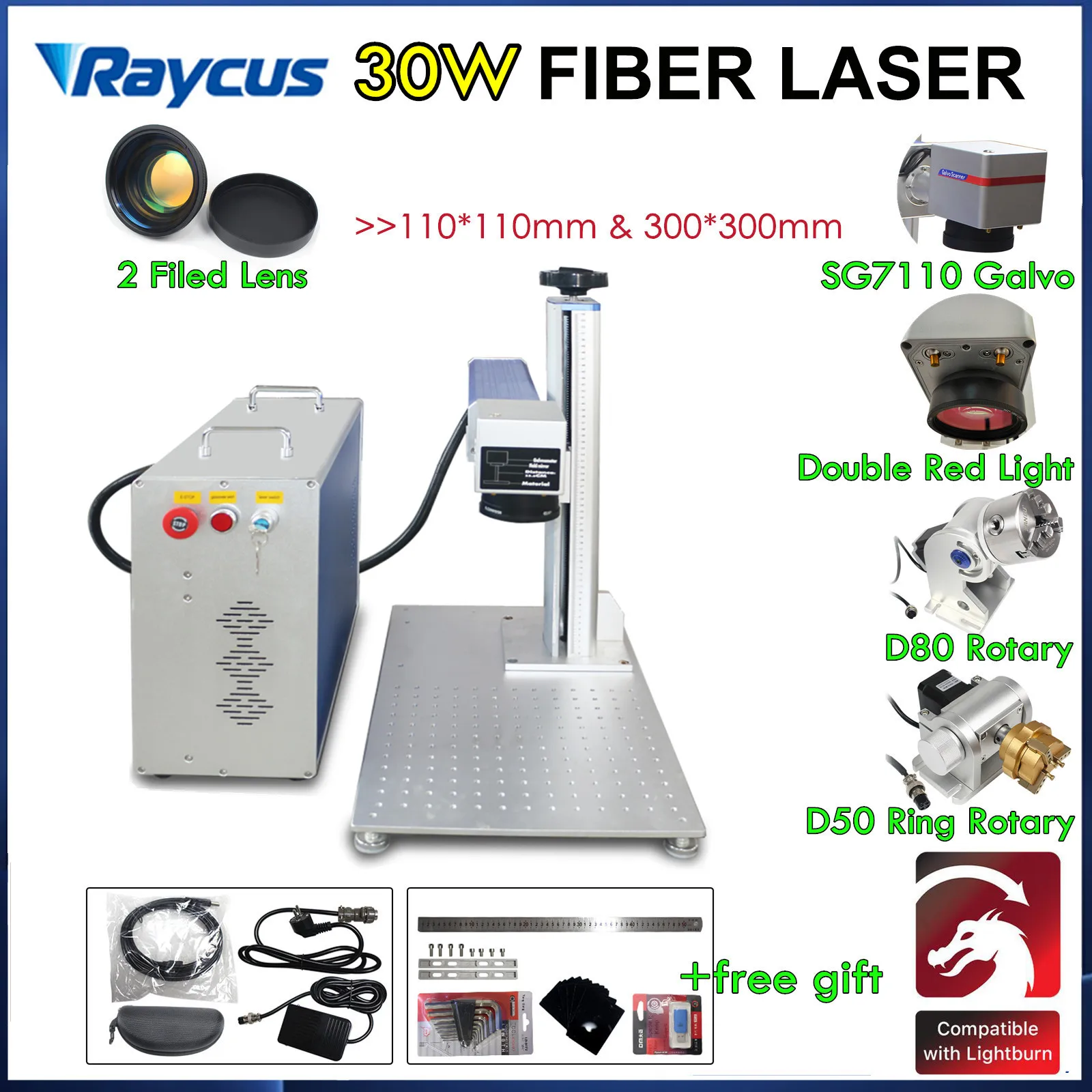 

Raycus Fiber Laser Engraving Marking Machine 50W 30W 20W Metal Steel Jewelry Gold Marker Ring Rotary Axis with SG7110 Galvo