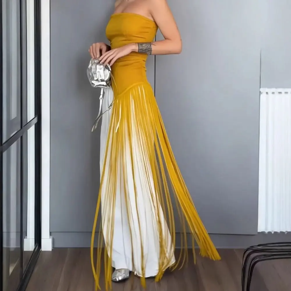 Slim Fit Off Shoulder Top Patchwork Design Solid Color Asymmetry Top Form-Fitting Fringe Detail Tassel Top Street Fashion