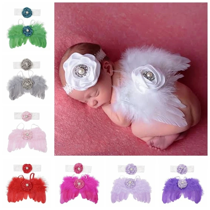 

2Pcs Baby Photoshoots Angel Costume Wing Pearl Flower Headband Photo Posing Props Photography Suit Newborn Shower Gift