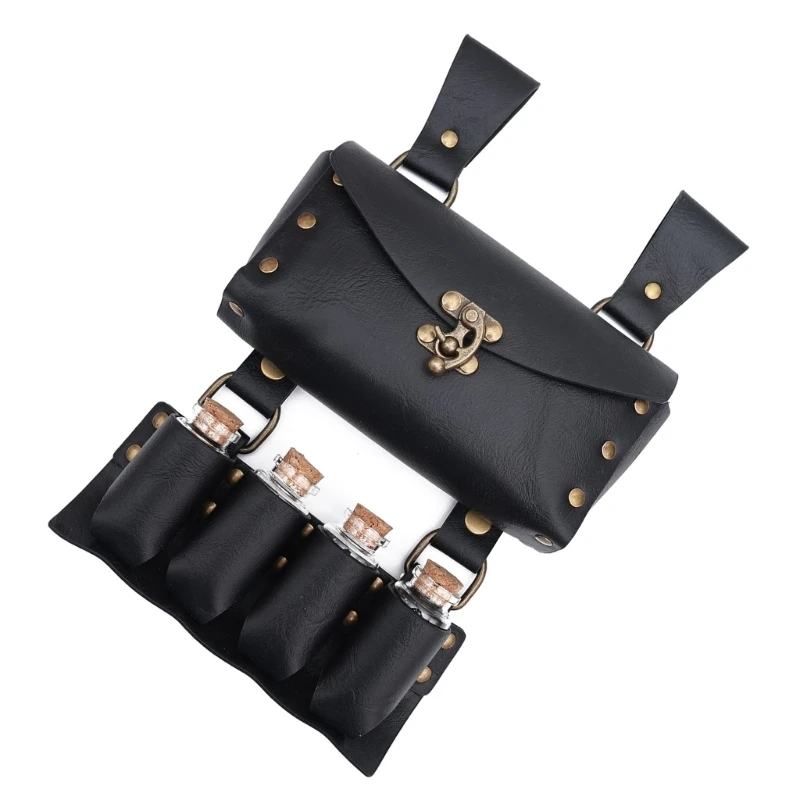 Q0KE Medieval Leather Belt Bag With 4 Bottle Medieval Leather Waist Pack Wizard Waist Pouches Leather Side Pack For Halloween