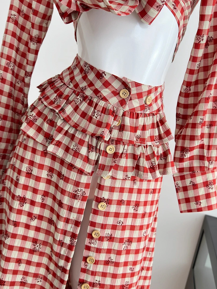ReddaChic レトロチェック柄トップススカート レディース マッチングセット 長袖ツイストフロントブラウストップス スリットロングラッフルスカート サマー服