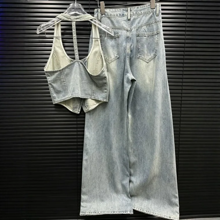 Casual Button Set Full Length Streetwear with Sleeveless Crop Top Washed Finish Pocket 3d Effect Spring Summer Autumn Women Sets