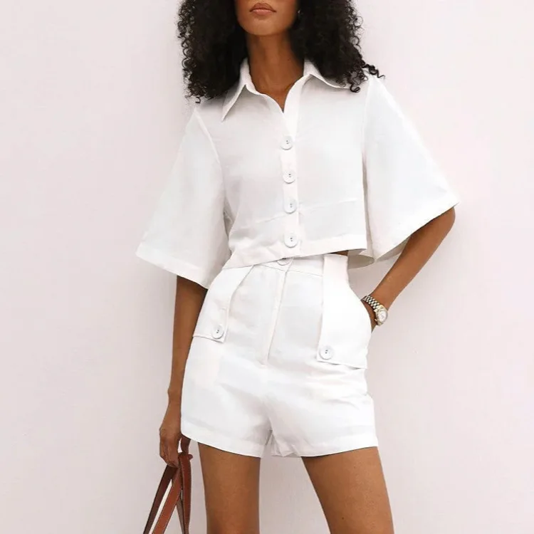 Summer Vacation Pocket Outfit Clothes Women Casual Lapel Top + Shorts Two Piece Set High Street Solid Color Loose Commuting Suit