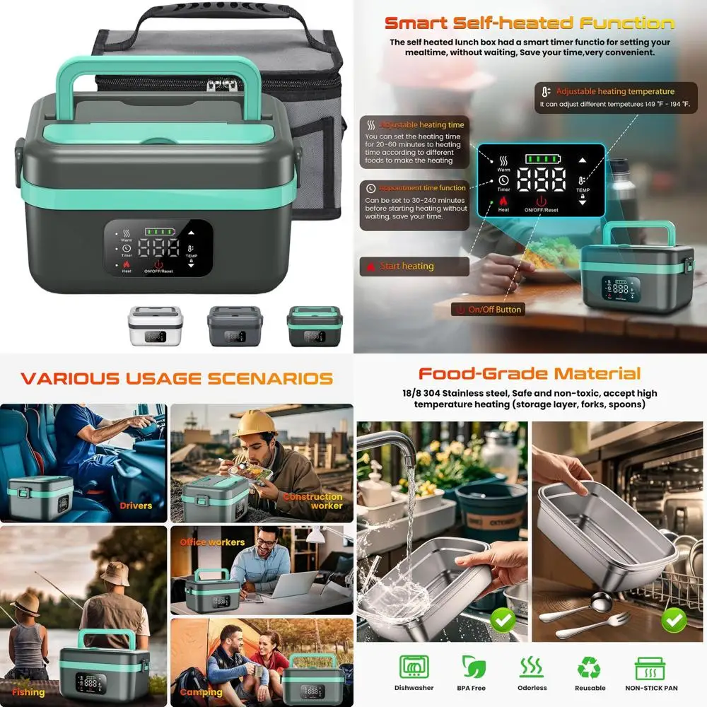 

Portable Rechargeable Electric Lunch Box, Automatic Heating, Ideal for Work, Includes Spoon and Insulated Bag