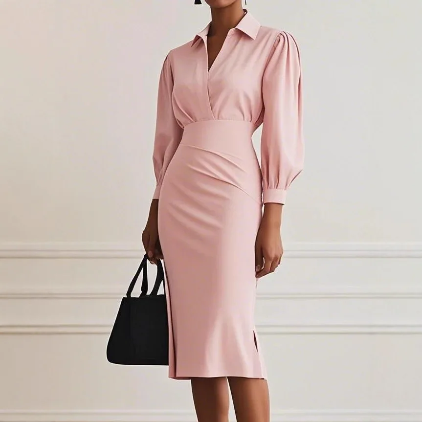 

Temperament Slim Fit Women's Dress 2025 Autumn New Sexy Long Sleeve Shirt Dress For Women Bodycon Solid Color Office Lady Dress