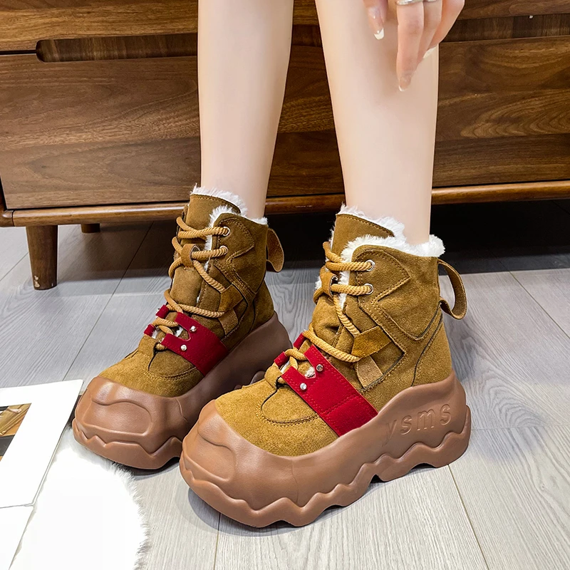 Warm Snow Boots for Women 2025 Winter Plush Cotton Padded Shoes Woman 8CM High Heels Leather Ankle Booties Chunky Platform Shoes