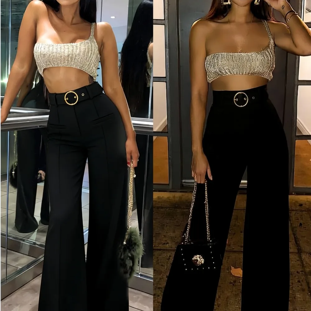 

HLJ Spring New Casual Metal Buckle Patchwork Bodycon Wide-leg Pants Woman Solid High Waist Straight Leg Pants Female Streetwear