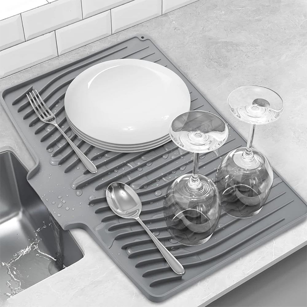 LMETJMA Silicone Dish Drying Mat for Kitchen Counter Non-Slip Drainer Pad with Built-in Drain Kitchen Drying Mat Dish Drying Pad