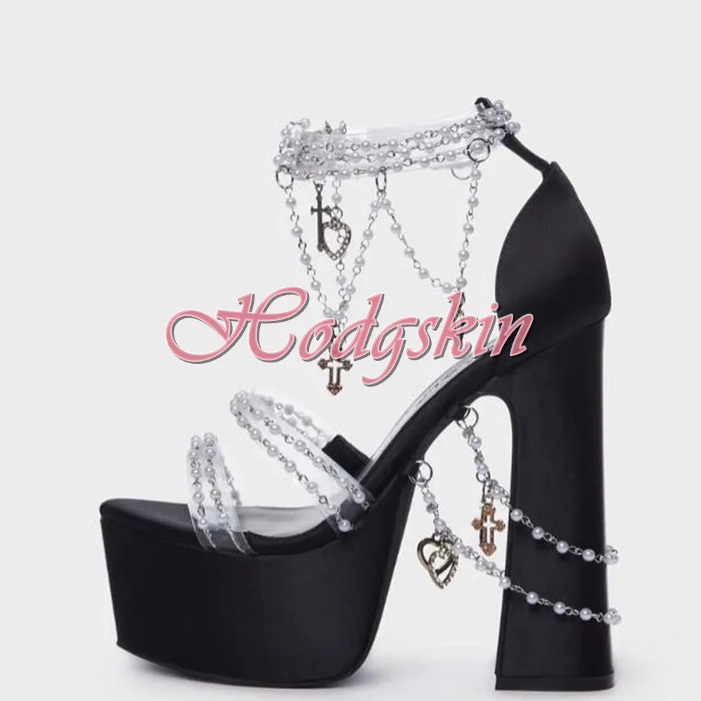 Pearl Chain Crystal Sandals Open Toe Platform Chunky High Heels Solid Sexy Style Sandals Hook And Loop Summer Party Dress Shoes