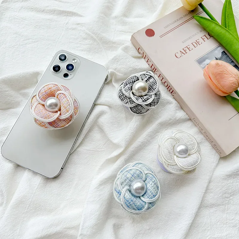 INS Cute Pearl Camellia Phone Holder Griptok Support Stand for iPhone Samsung Grip Tok Finger Foldable Bracket Phone Accessories