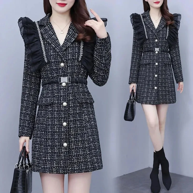 

Women Graceful Tweed Suit Jackets with Belt Spring Autumn 2023 Lady Elegant Mesh Ruffle Dress Coats High-End Fashion Tops Female