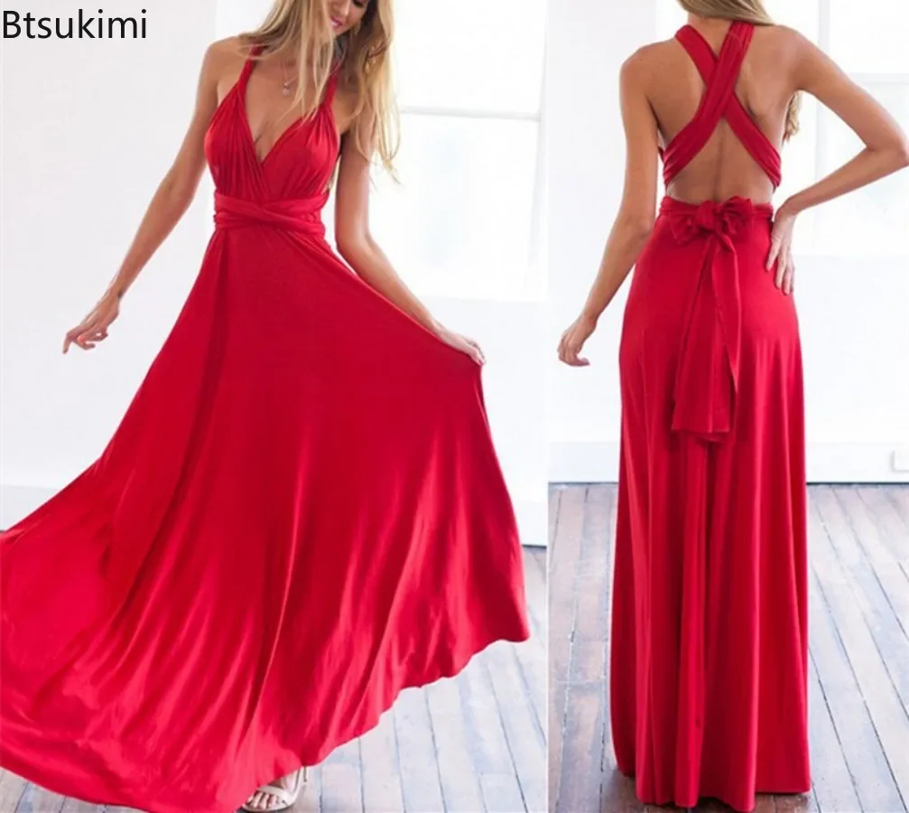 2025Women's Multiway Wrap Convertible Boho Style Party Maxi Dress Backless Bandage Long Dress Wedding Bridesmaids Dresses Female