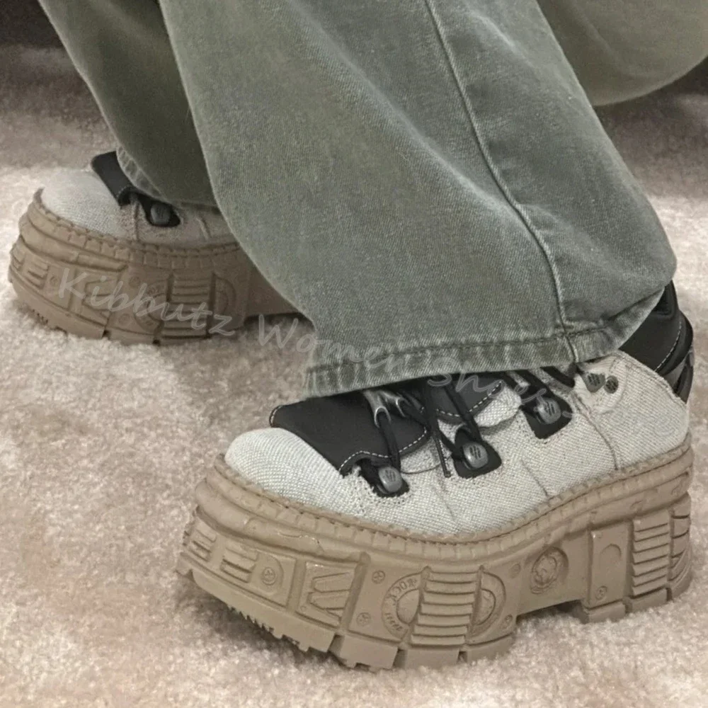 

Thick Bottom Sneakers Platform Punk Round Toe Height Increase Lace-Up Fashion Novelty Patchwork Hot Girls Y2K Sexy Shoes Newest