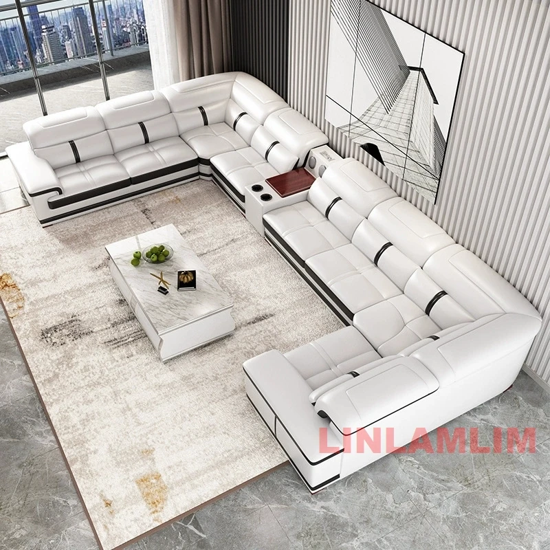 Modern U-Shaped Sectional Sofa with Chaise, White Genuine Leather Couch with Cup Holders, USB – Large Living Room Furniture Set
