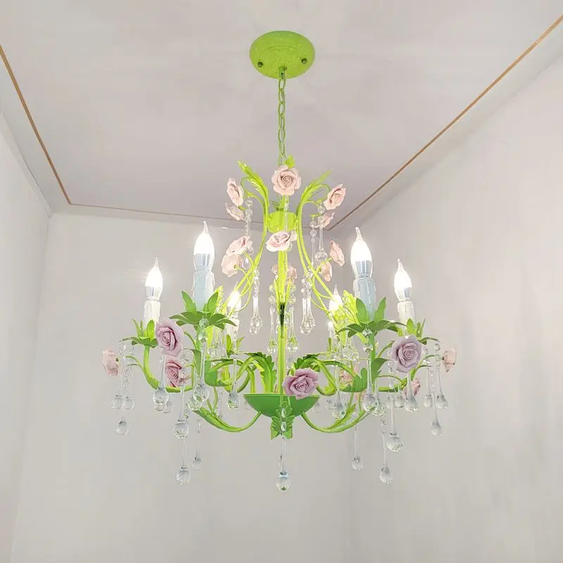 Ceramic Rose Pendant Lamps D60cm H55cm 6L Hotel Cafe Deco Floral Grass Chandelier Staircase LED Korean Hanging Lighting Fixtures