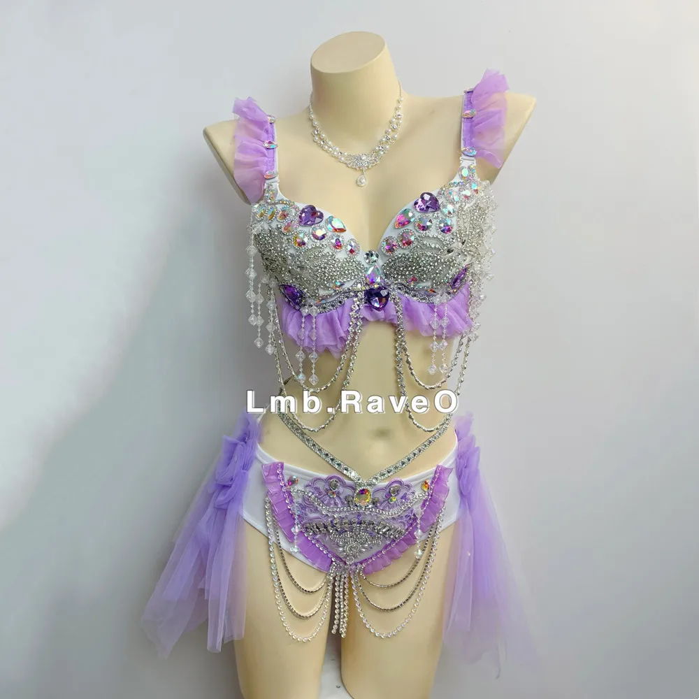 Purple Rhinestones Bikini Sexy Stage Carnival Party Rave Outfit Music Festival Clothing Women Model Catwalk Performance Costume
