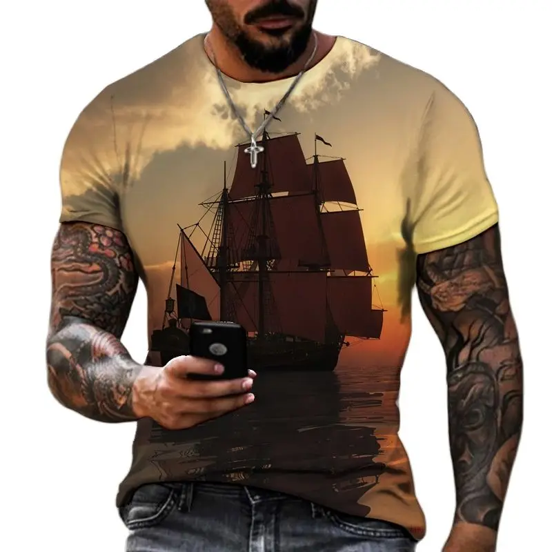 Camisetas Vintage de barco para hombre, Camiseta de manga corta con cuello redondo y estampado 3D de barco pirata para hombre, camisetas de gran