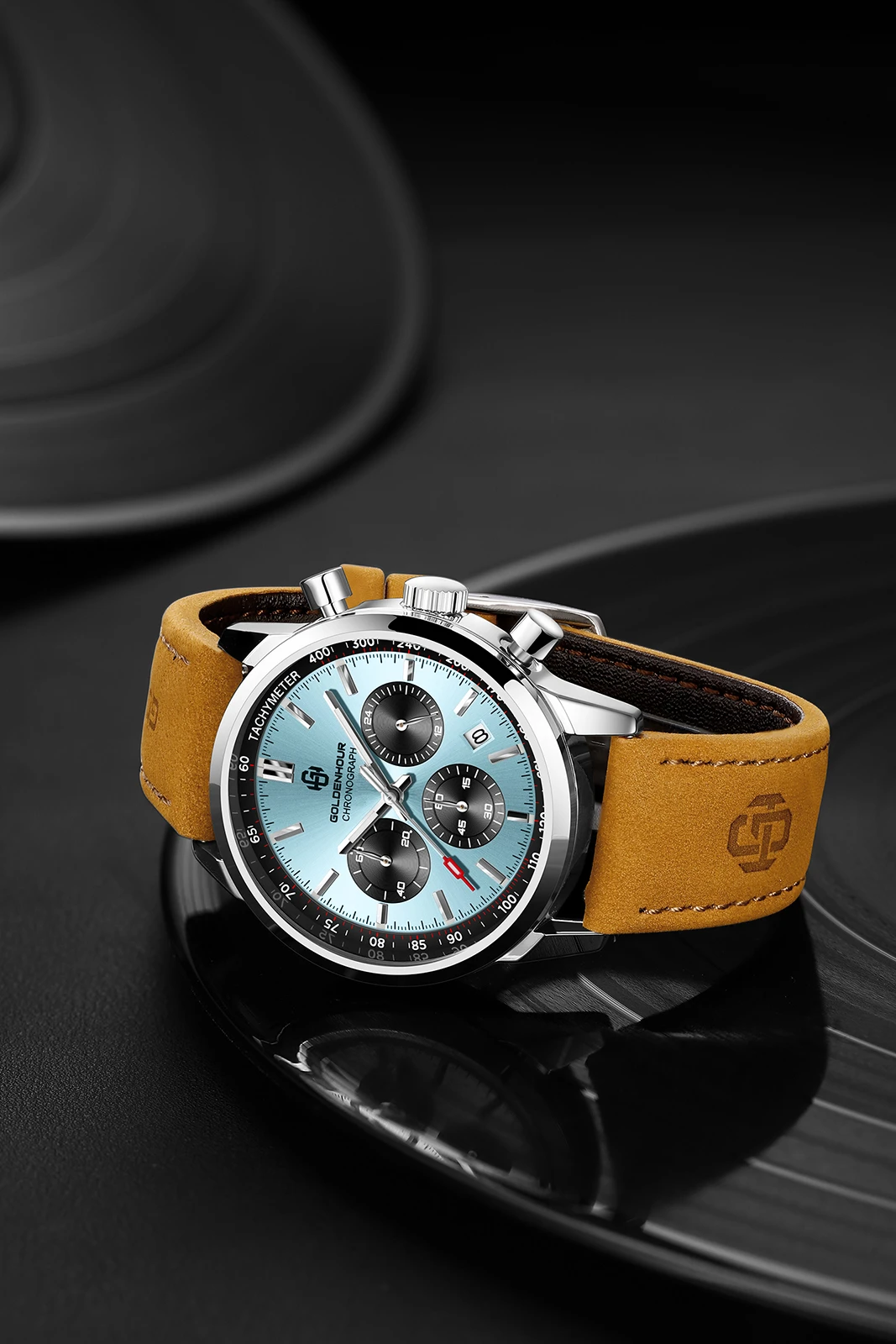 GOLDENHOUR Men's Watch Sky Blue Dial Luxury Chronograph Quartz Leather Strap Waterproof Luminous Sport Wristwatch Reloj Hombre