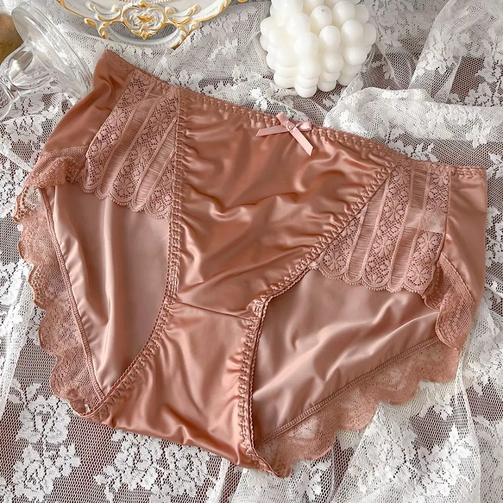 

Mid Waist Lightweight Ice Silk Underwear Soft Satin Lace Panties Smooth Embroidery Bow Lingerie Women